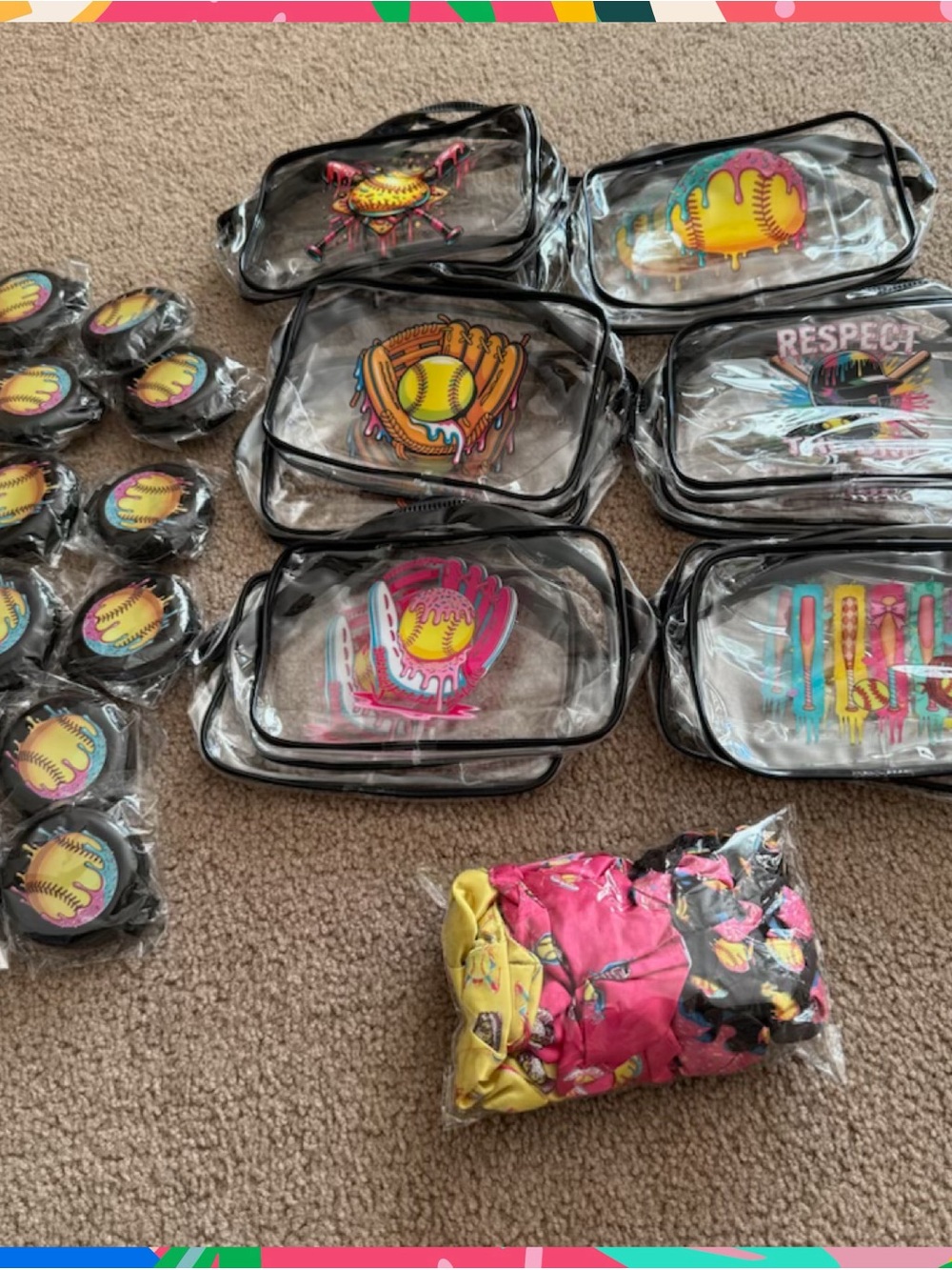Clear Softball themed t36 piece make up bags with mirror and hair tie set -